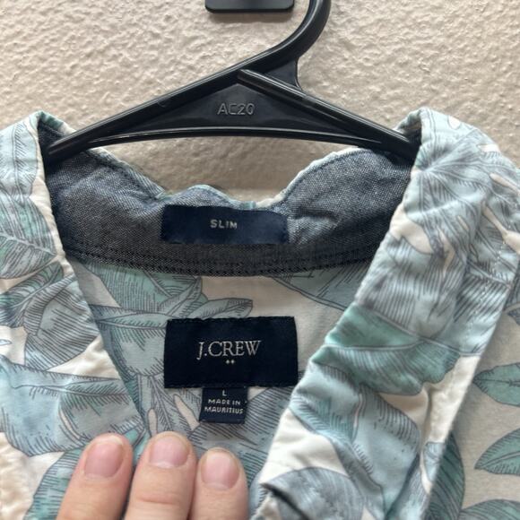 J Crew Flex Washed Shirt Large Slim Fit Blue Tropical Palm Leaves Short Sleeve - Picture 3 of 4